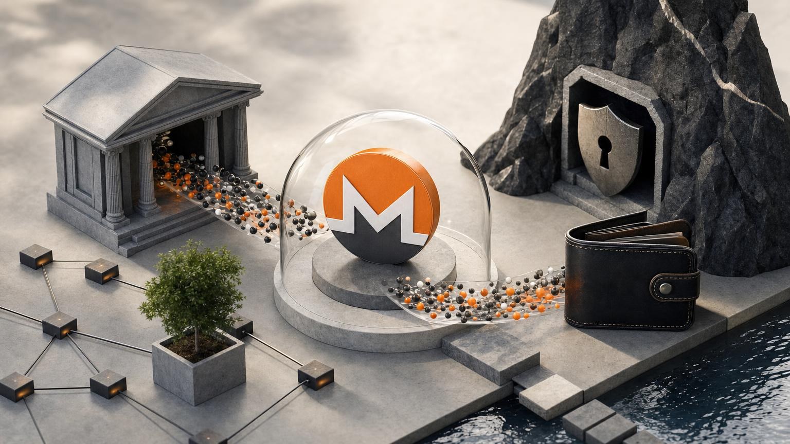 Carteira de Monero e operação de troca de XMR representadas com camadas de privacidade, verificação e segurança